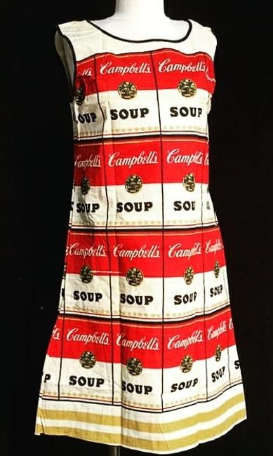 Back in 1966-67, the “Souper” dress, inspired by the famous Soup Can art series by Andy Warhol, married art and advertising when paper dresses were in vogue.  If one mailed in two labels from Campbell’s soup cans to the company along with $1, this dress was their reward.