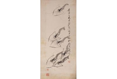 One of two ink on paper paintings in the sale by Qi Baishi (Chinese, 1863-1957), this one, titled “Shrimp,” ($10/15,000) is inscribed to Henry Lieberman who paid $5 for it in 1948 from the artist.