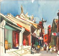 The top lot of the auction at $30,000 was this Shiy De-Jinn watercolor of a temple and busy street scene, is noted for its bold use of color.