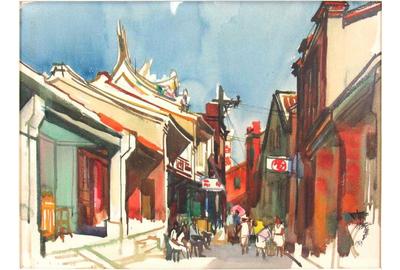 The top lot of the auction at $30,000 was this Shiy De-Jinn watercolor of a temple and busy street scene, is noted for its bold use of color.