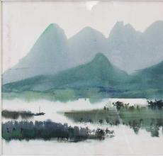 This Shiy De-Jinn river landscape, a 1969 watercolor on paper, ($15/25,000) depicts the rolling mountains of Taiwan and misty waterways are splashed in cool blues and greens, 18 ¾ by 24 ¾ inches.