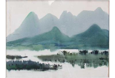 This Shiy De-Jinn river landscape, a 1969 watercolor on paper, ($15/25,000) depicts the rolling mountains of Taiwan and misty waterways are splashed in cool blues and greens, 18 ¾ by 24 ¾ inches.