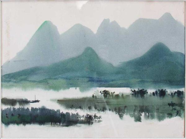 This Shiy De-Jinn river landscape, a 1969 watercolor on paper, ($15/25,000) depicts the rolling mountains of Taiwan and misty waterways are splashed in cool blues and greens, 18 ¾ by 24 ¾ inches.