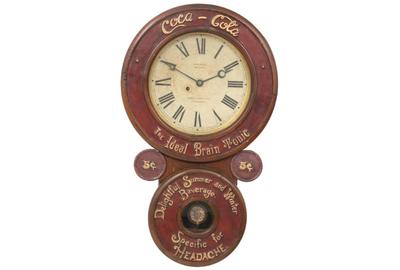 This Baird Coca-Cola advertising clock, circa 1889, with its original 12-inch paper dial featuring a Seth Thomas movement ($25/40,000) reads “Coca-Cola, The Ideal Brain Tonic - Delightful Summer and Winter Beverage, Specific for Headache.”