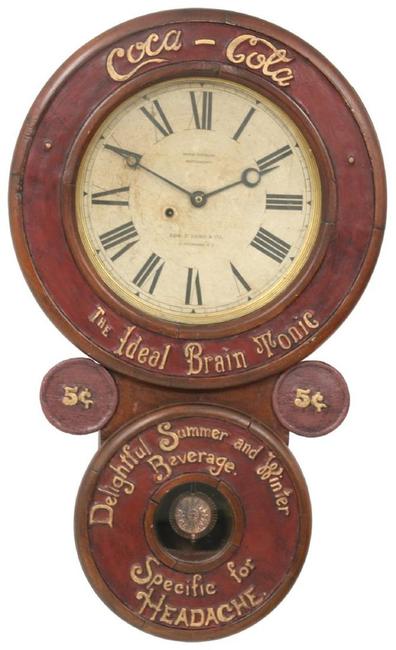 This Baird Coca-Cola advertising clock, circa 1889, with its original 12-inch paper dial featuring a Seth Thomas movement ($25/40,000) reads “Coca-Cola, The Ideal Brain Tonic - Delightful Summer and Winter Beverage, Specific for Headache.”