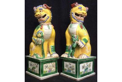 These circa 1860-1880 temple lions from the Nanking province, 17 ½ by 6 by 7 inches, are striking in appearance.  