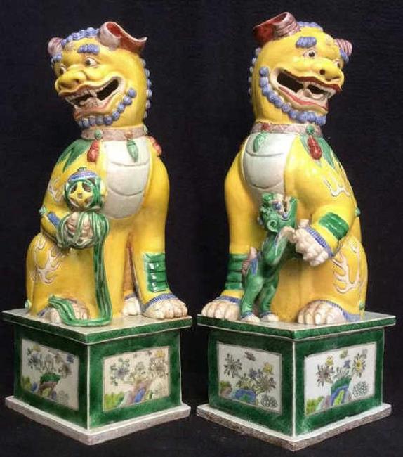 These circa 1860-1880 temple lions from the Nanking province, 17 ½ by 6 by 7 inches, are striking in appearance.  