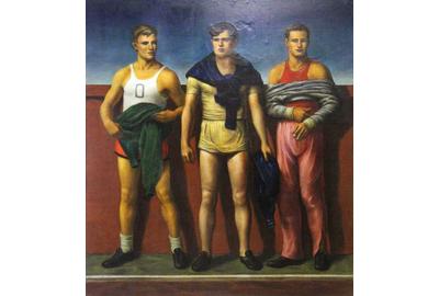 This Jared French tempera on canvas laid to Masonite, “Three Male Figures” ($30/50,000), signed, comes from the collection of the late Jon F.  Anderson, 47 by 43 ¼ inches.