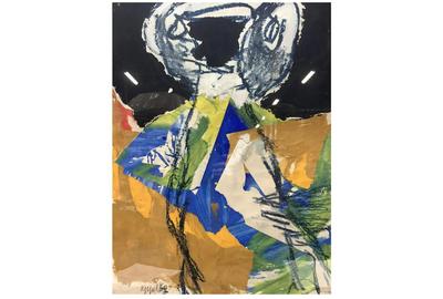 Bold and colorful paintings figure prominently in this sale, including this Karel Appel gouache of an abstracted figure ($500-5,000).