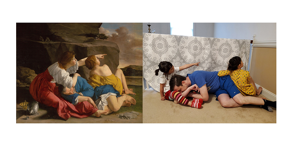 Lot and His Daughters, about 1622, Orazio Gentileschi.  Recreation on Twitter by Qie Zhang, Erik Carlsson, and their daughters.