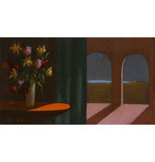 Helen Lundeberg, "Flowers and Arches," 1943, Initialed and dated “HL ’43” lower left, Oil on board, 4 x 7.25 inches, Exhibited: Los Angeles Art Association, "Contemporary Women Artists," Los Angeles, CA, ca.  mid-1940s; Gallery of Mid-Century Art, Los Angeles, CA, 1947; Chaffey College, Rancho Cucamonga, CA, 1950