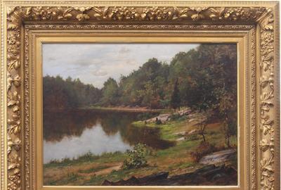 CHARLES LINFORD (AMERICAN 1846 - 1897) ( aka C.  Linford ) LANDSCAPE WITH POND Oil on canvas, 21.75 x 29.75 inches / Signed lower left