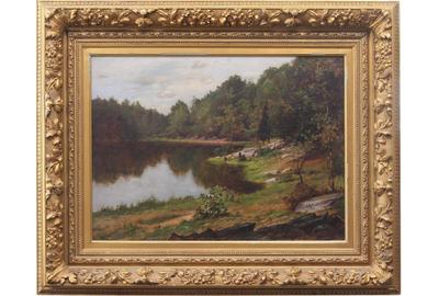 CHARLES LINFORD (AMERICAN 1846 - 1897) ( aka C.  Linford ) LANDSCAPE WITH POND Oil on canvas, 21.75 x 29.75 inches / Signed lower left