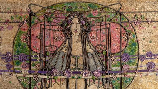 DETAIL: Margaret Macdonald Mackintosh, The May Queen, Panel for the Ladies' Luncheon Room, Ingram Street Tearooms, Glasgow, 1900.  Gesso, hessian, scrim, twine, glass beads, thread, mother-of-pearl, tin leaf.