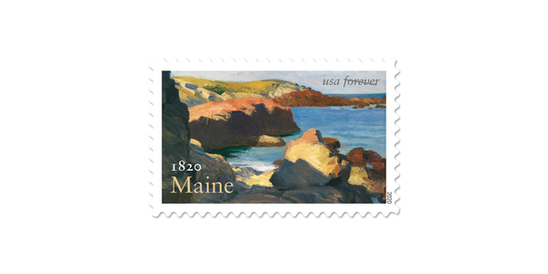 Maine Statehood stamp featuring Edward Hopper's Sea at Ogunquit (1914).