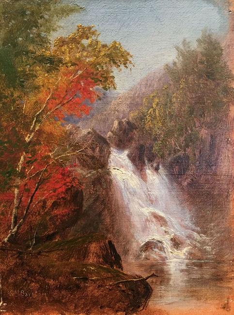 Susie M.  Barstow (1836-1923) Autumn Waterfall.  Oil on canvas.  6 1/6 x 5 inches.  Signed lower left.