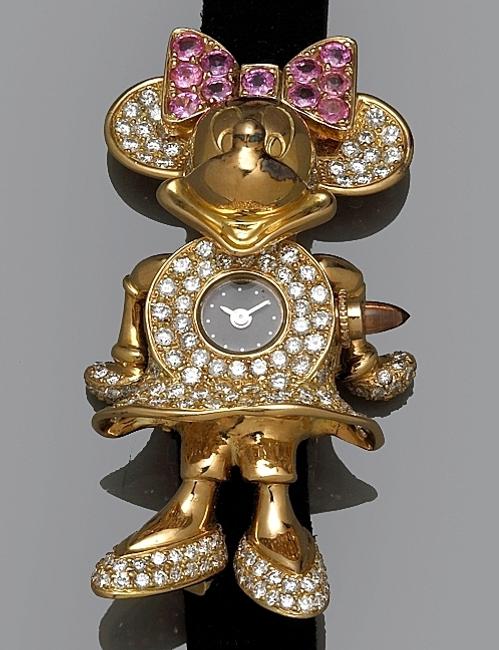 Bonhams & Butterfields will offer this diamond, pink sapphire & 18k gold Minnie Mouse motif wristwatch in its Salon Jewelry & Watches auction on 22Mar2010, simulcast to San Francisco and Los Angeles.  Adorned with 6-carats of diamonds, the watch could sell for $2/3,000.  Courtesy Bonhams & Butterfields