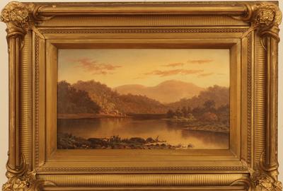 William Lewis Marple (American 1827 – 1910): Reflections on the Lake - Oil on board, 8.25 x 14.5 inches/Signed lower left