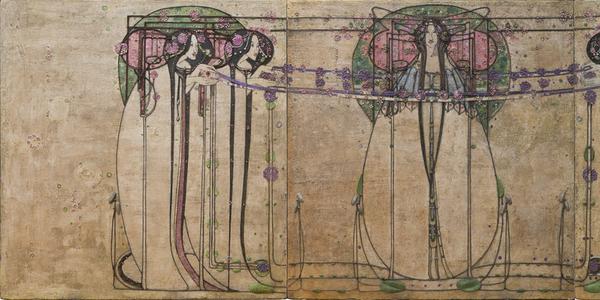 Margaret Macdonald Mackintosh, The May Queen, Panel for the Ladies' Luncheon Room, Ingram Street Tearooms, Glasgow, 1900.  Gesso, hessian, scrim, twine, glass beads, thread, mother-of-pearl, tin leaf.