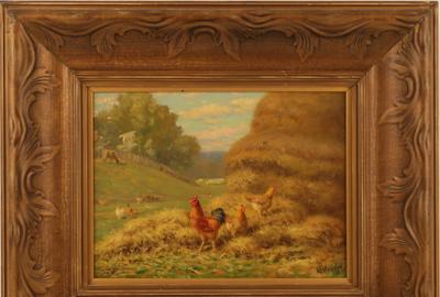 Charles Alfred Meurer (American 1865 - 1955): Rooster and Friends - Oil on board, 9 x 11 inches/Signed lower right