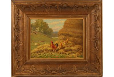 Charles Alfred Meurer (American 1865 - 1955): Rooster and Friends - Oil on board, 9 x 11 inches/Signed lower right