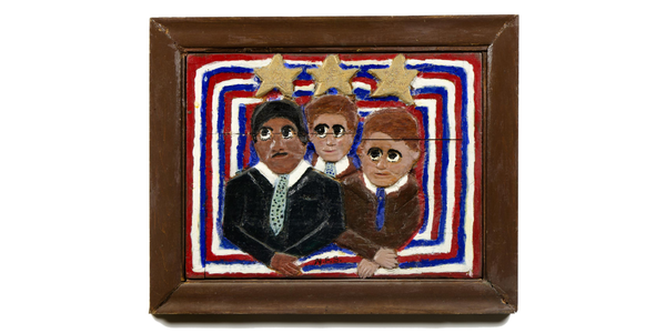 At The Barnes Foundation is "Elijah Pierce's America." Elijah Pierce (American, 1892–1984) Martin Luther King Jr.  and the Kennedy Brothers 1977 Paint and glitter on carved wood 21 1/4 × 26 1/4 × 1 1/2 in.  (54 × 66.7 × 3.8 cm) Columbus Museum of Art, Ohio.