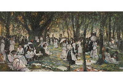 Thomas Mora Picnic, Wrentham, MA c.  1900 Oil on board | 12 x 25 inches