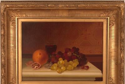 Morston Constantine Ream (American 1840 – 1898) ( aka Morston Ream ) Still-life with Fruit and Wine: Oil on canvas, 10.5 x 14.5 inches / Signed lower left