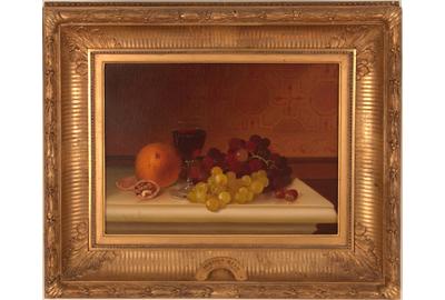 Morston Constantine Ream (American 1840 – 1898) ( aka Morston Ream ) Still-life with Fruit and Wine: Oil on canvas, 10.5 x 14.5 inches / Signed lower left