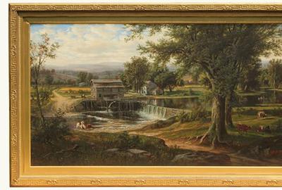 Thomas Corwin Lindsay (American 1838 – 1907): Mill Pond - Oil on canvas, 26 x 48 inches / Signed lower right