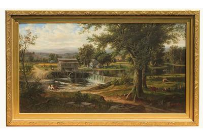 Thomas Corwin Lindsay (American 1838 – 1907): Mill Pond - Oil on canvas, 26 x 48 inches / Signed lower right