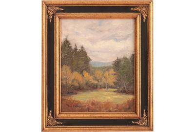 Joan Mudge (American 20th/21st century): Towards Laurel Ridge from SAMA Ligonier, PA - Oil on board, 9 x 7 inches/Signed lower left