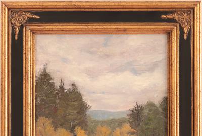 Joan Mudge (American 20th/21st century): Towards Laurel Ridge from SAMA Ligonier, PA - Oil on board, 9 x 7 inches/Signed lower left