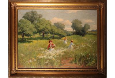 FREDERICK MULHAUPT (AMERICAN 1871 - 1938) PICKING FLOWERS Oil on canvas, 17 x 23.5 inches/Signed lower right