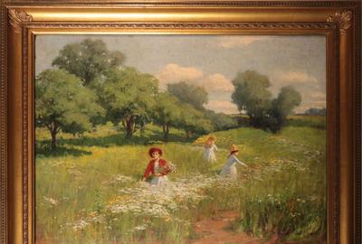 FREDERICK MULHAUPT (AMERICAN 1871 - 1938) PICKING FLOWERS Oil on canvas, 17 x 23.5 inches/Signed lower right