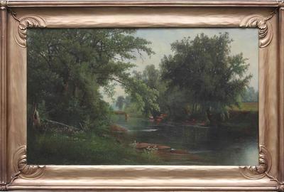 SAMUEL W.  GRIGGS (AMERICAN, 1827 – 1898) ( aka SW.  Griggs ) NEW ENGLAND LANDSCAPE WITH CATTLE BY BRIDGE Oil on canvas, 17.75 x 29.5 inches / Signed and dated lower left