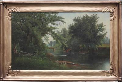 SAMUEL W.  GRIGGS (AMERICAN, 1827 – 1898) ( aka SW.  Griggs ) NEW ENGLAND LANDSCAPE WITH CATTLE BY BRIDGE Oil on canvas, 17.75 x 29.5 inches / Signed and dated lower left