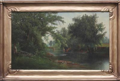 Samuel W.  Griggs (American, 1827 – 1898) ( aka SW.  Griggs ) New England Landscape with Cattle by Bridge - Oil on canvas, 17.75 x 29.5 inches / Signed and dated lower left