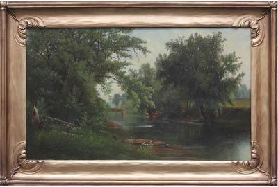 Samuel W.  Griggs (American, 1827 – 1898) ( aka SW.  Griggs ) New England Landscape with Cattle by Bridge - Oil on canvas, 17.75 x 29.5 inches / Signed and dated lower left