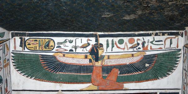 Maa'at the Egyptian goddess of truth, Wall Painting Inside the tomb (QV66) of Nefertari, in Egypt's Valley of the Queens, ca.  1255 BC.  (Universal History Archive/Universal Images Group via Getty Images)