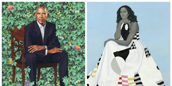 Barack Obama by Kehinde Wiley, oil on canvas, 2018, and Michelle LaVaughn Robinson Obama by Amy Sherald, oil on linen, 2018.  National Portrait Gallery, Smithsonian Institution.  