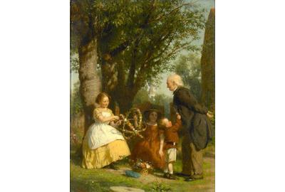 Seymour Joseph Guy (American, 1824-1910) The garland makers.  Oil on panel, 13 1/4 x 10 1/4in.  Estimate: $3,000 - 5,000 