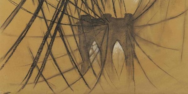 Georgia O’Keeffe (1887–1986), Study for “Brooklyn Bridge”, 1949.  Charcoal and black chalk on paper; 39 7/8 x 29 1/2 in.  New-York Historical Society, Promised Gift of Elie and Sarah Hirschfeld Collection, Scenes of New York City.  © 2020 Georgia O’Keeffe Museum / Artists Rights Society (ARS), New York