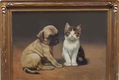 John Henry Dolph (American 1835 – 1903) ( aka JDolph ): Ornery Duo - Oil on canvas, 12 x 16 inches / Signed lower left