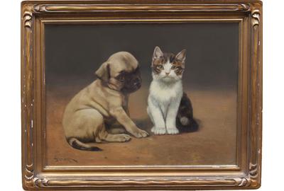 John Henry Dolph (American 1835 – 1903) ( aka JDolph ): Ornery Duo - Oil on canvas, 12 x 16 inches / Signed lower left