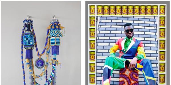 R: Joana Vasconcelos, Blue Rose, 2016.  Installation.  246 x 95 x 47 cm.  Courtesy of La Patinoire Royale–Galerie Valérie Bach.  L: Hassan Hajjaj, Afrikan Boy Sittin’, 2013.  Photography.  136 x 94 x 6 cm.  Courtesy of 193 Gallery.  