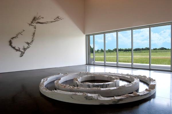 Installation view of the exhibition, Platform: Maya Lin.  Parrish Art Museum, Water Mill, New York.  July 4-October 13, 2014.  In foreground, Equator (2014), Latitude New York City (2013) and Arctic Circle (2013).  On wall, Pin River—Sandy (2013).  