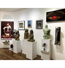 Installation view with Walter Dahn / George Condo Clown and stone sculpture.