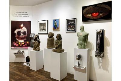 Installation view with Walter Dahn / George Condo Clown and stone sculpture.