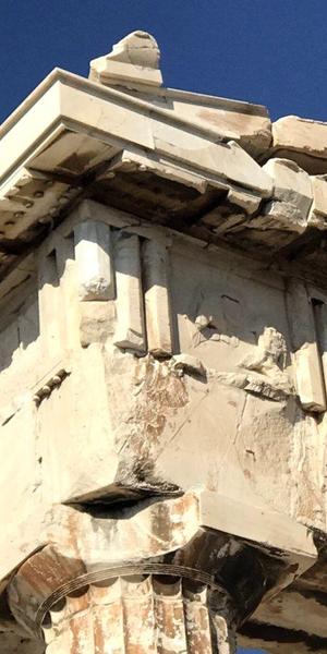 Pediment of the Parthenon on the Acropolis, in Athens.  Some of the pediment's sculptures are housed in the nearby Acropolis Museum, while the most prized pieces are in the British Museum.